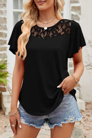 Black Cut Out Lace Patchwork Flutter Sleeve Blouse