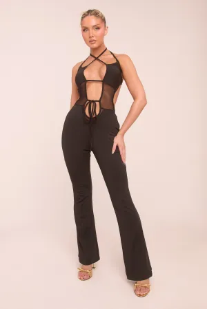 Black Cut Out Mesh Panel Halter Neck Jumpsuit - Edwina