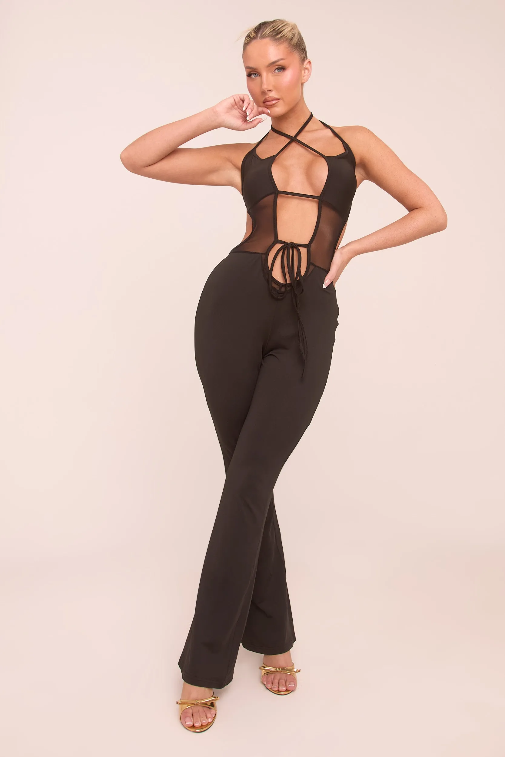 Black Cut Out Mesh Panel Halter Neck Jumpsuit - Edwina