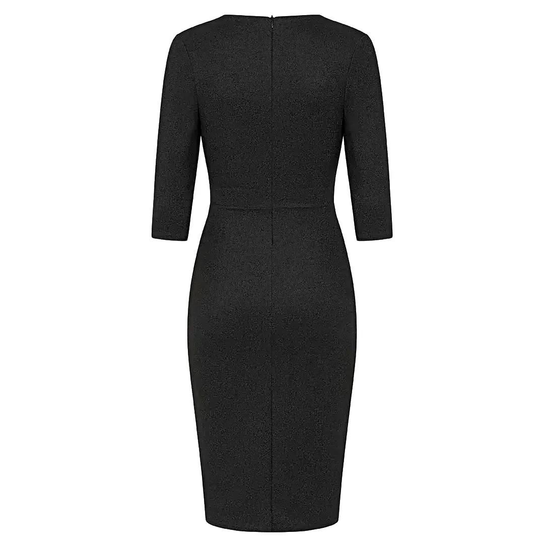 Black Deep V 3/4 Sleeve Bodycon Ruched Waist Wiggle Party Dress