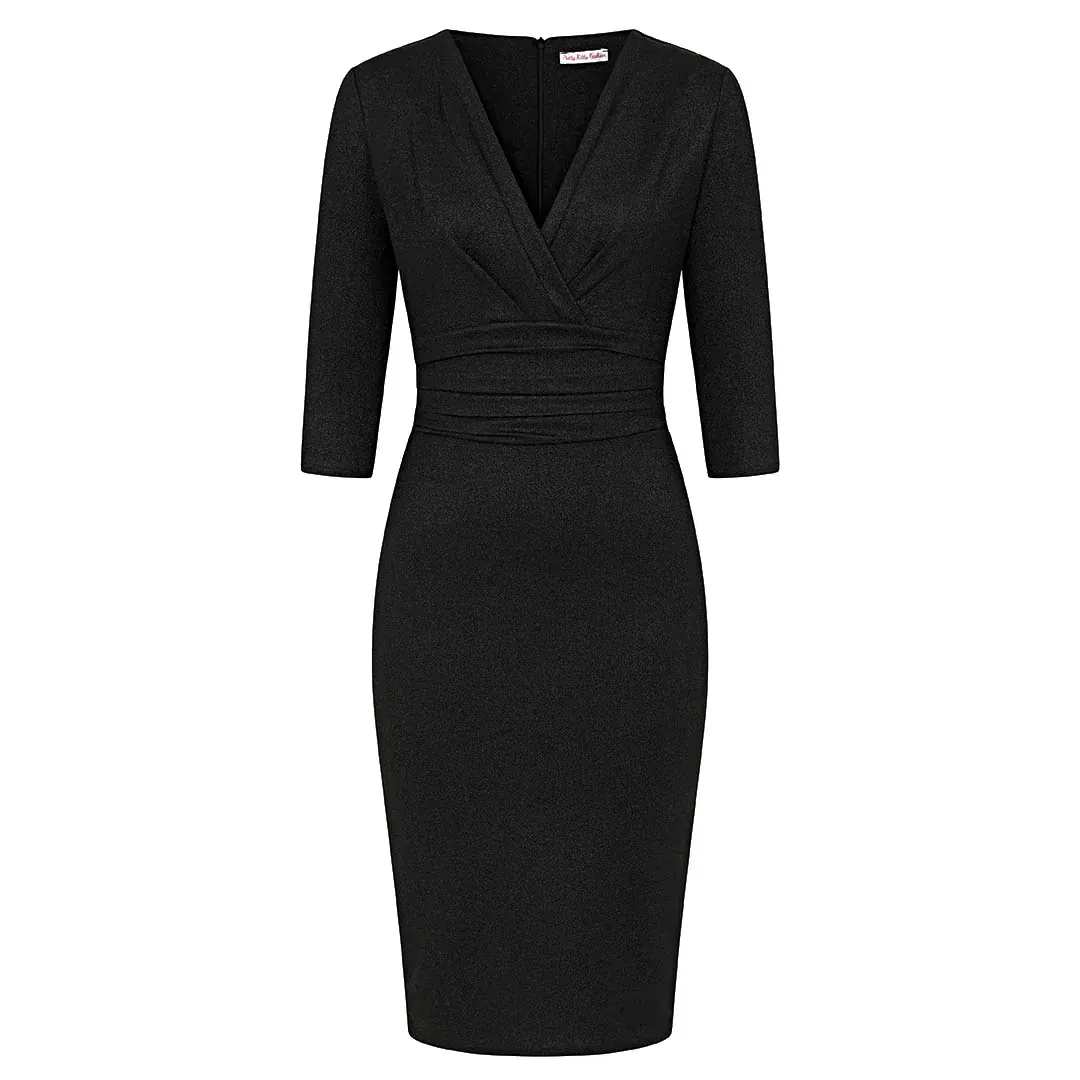 Black Deep V 3/4 Sleeve Bodycon Ruched Waist Wiggle Party Dress