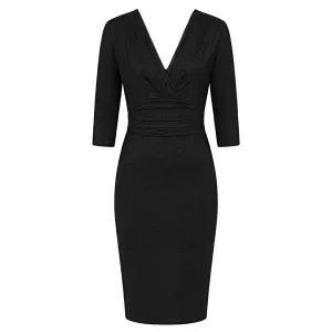 Black Deep V 3/4 Sleeve Bodycon Ruched Waist Wiggle Party Dress