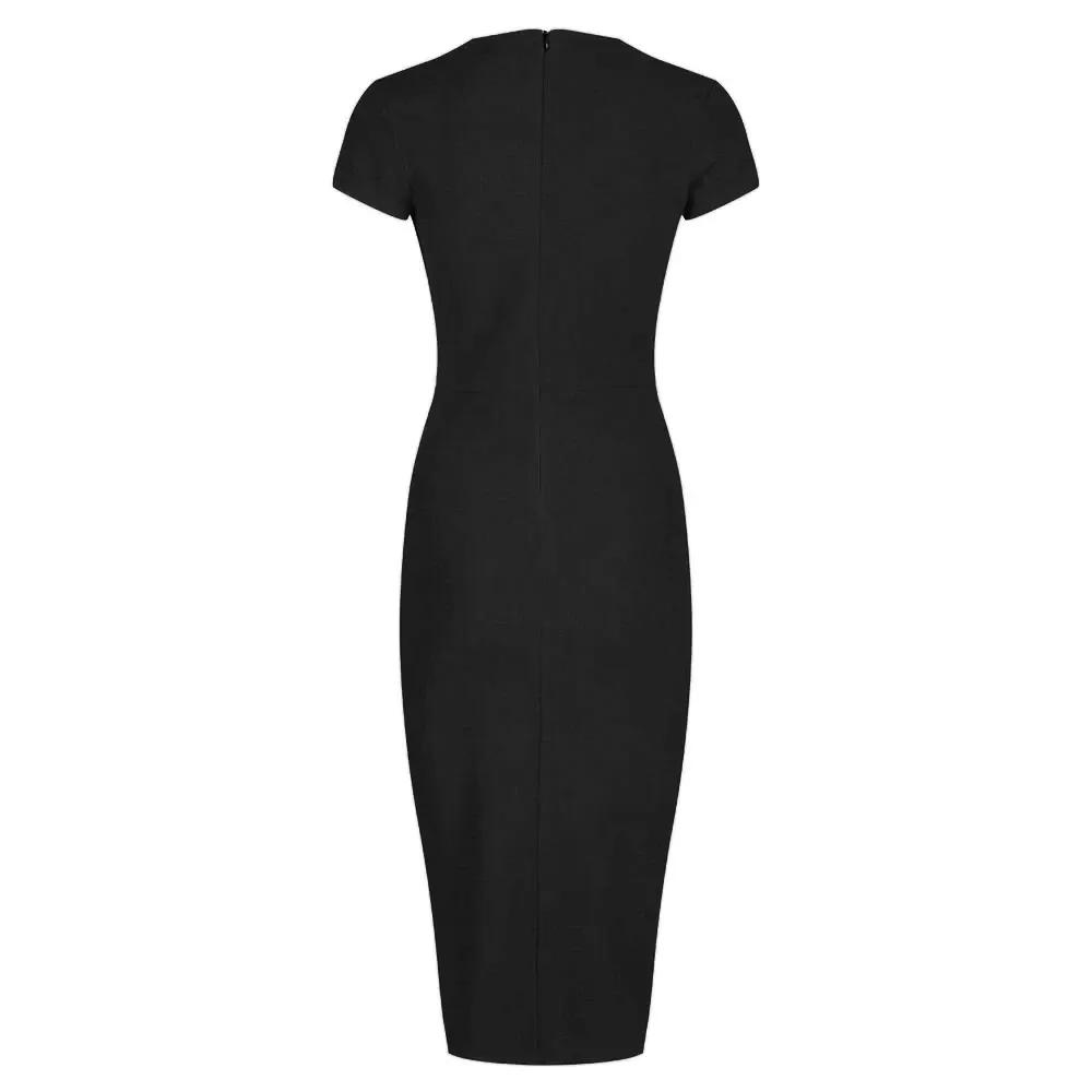 Black Deep V Cap Sleeve Bodycon Ruched Waist Wiggle Dress