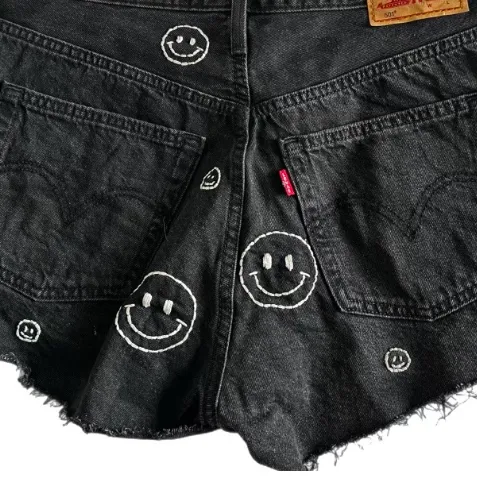 Black Denim Hand Embroidered Shorts - Levi’s 501