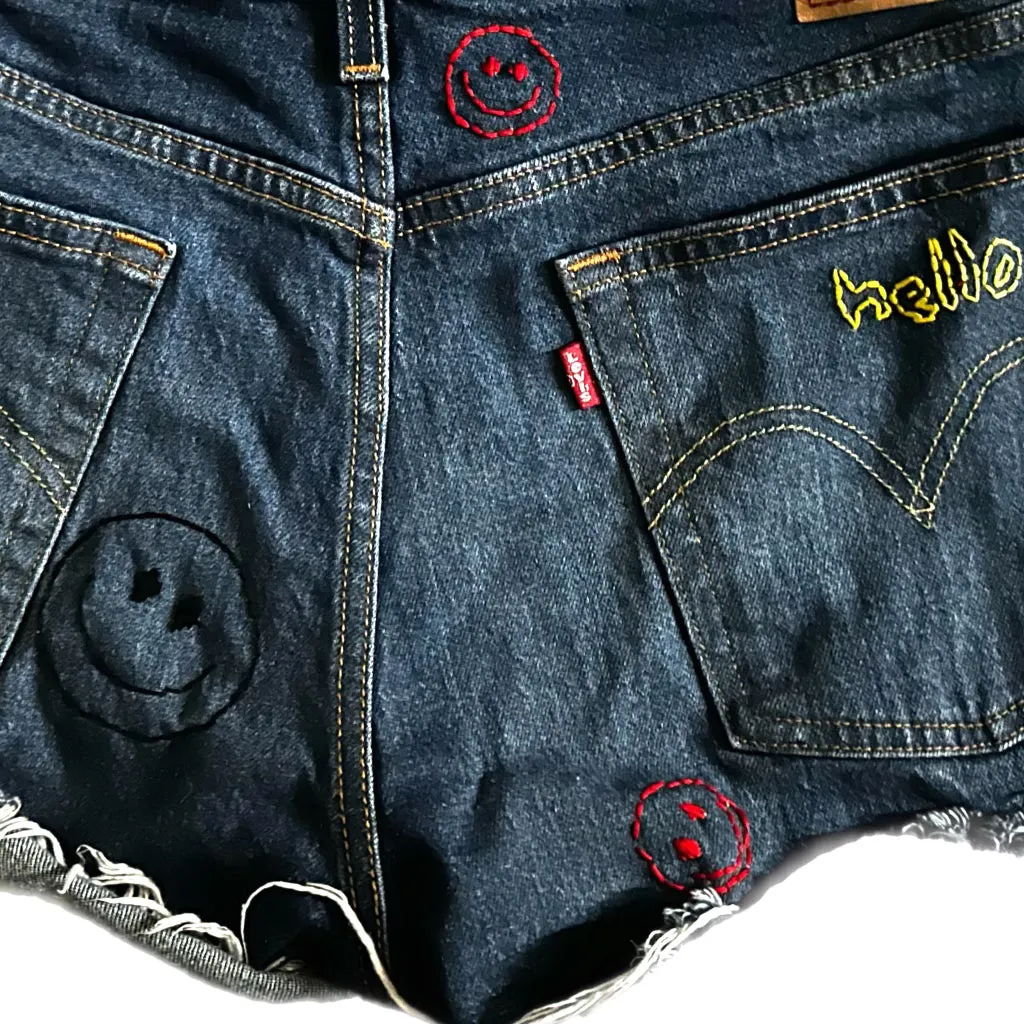 Black Denim Hand Embroidered Shorts - Levi’s 501