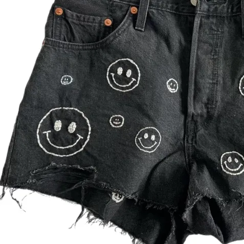 Black Denim Hand Embroidered Shorts - Levi’s 501