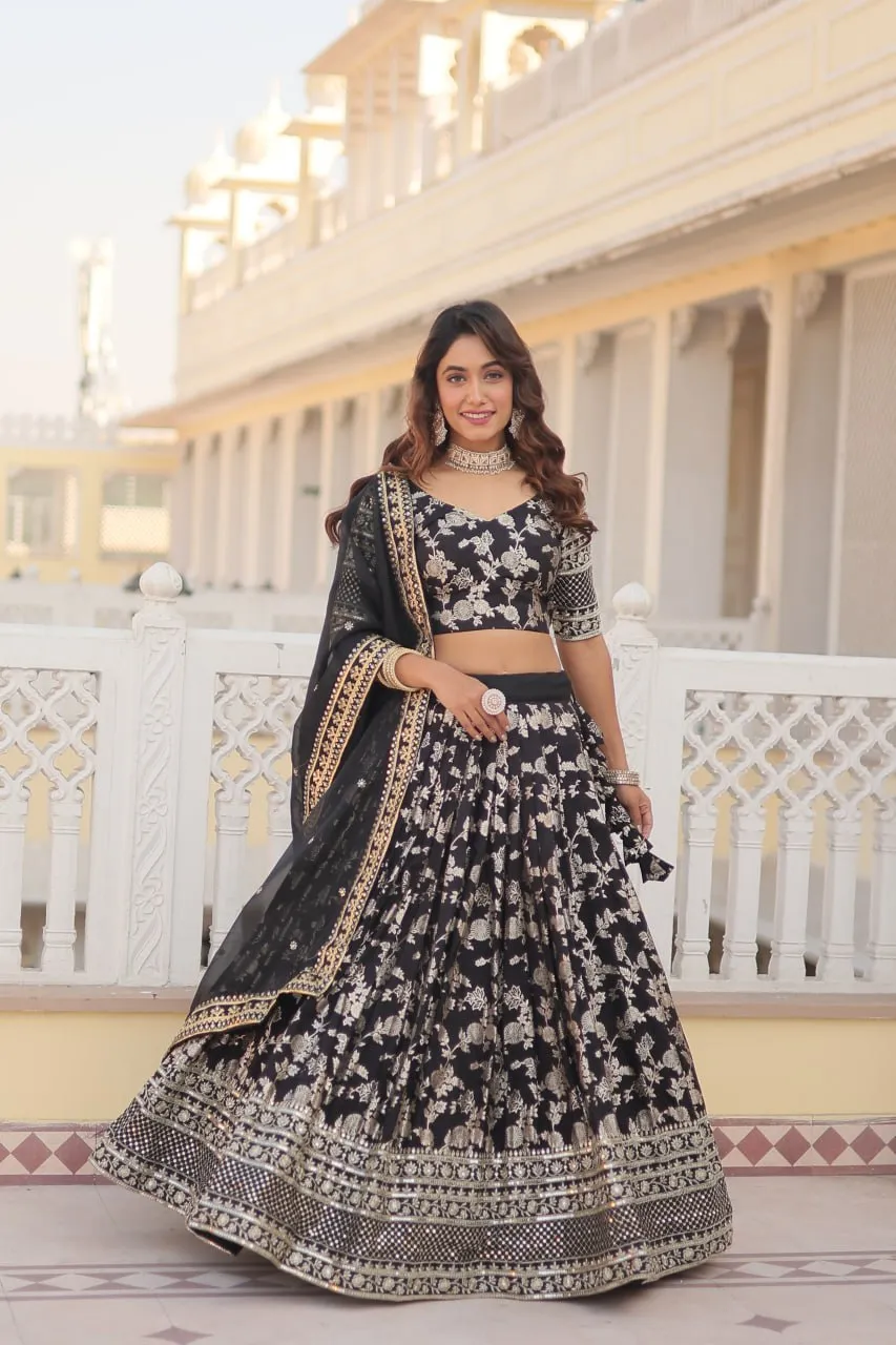 Black Designer Dyeable Pure Viscose Jacquard Fabric Lehenga Choli & Dupatta Set