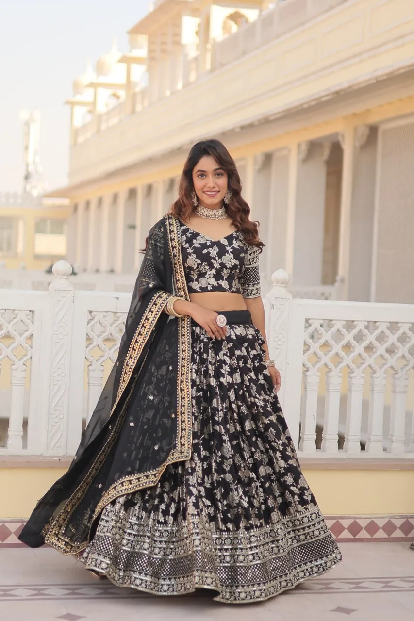 Black Designer Dyeable Pure Viscose Jacquard Fabric Lehenga Choli & Dupatta Set