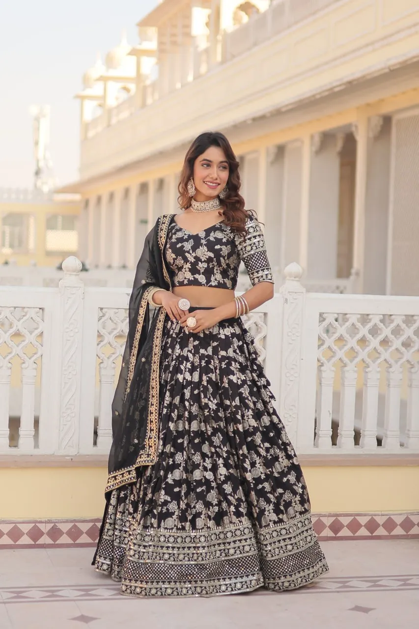 Black Designer Dyeable Pure Viscose Jacquard Fabric Lehenga Choli & Dupatta Set