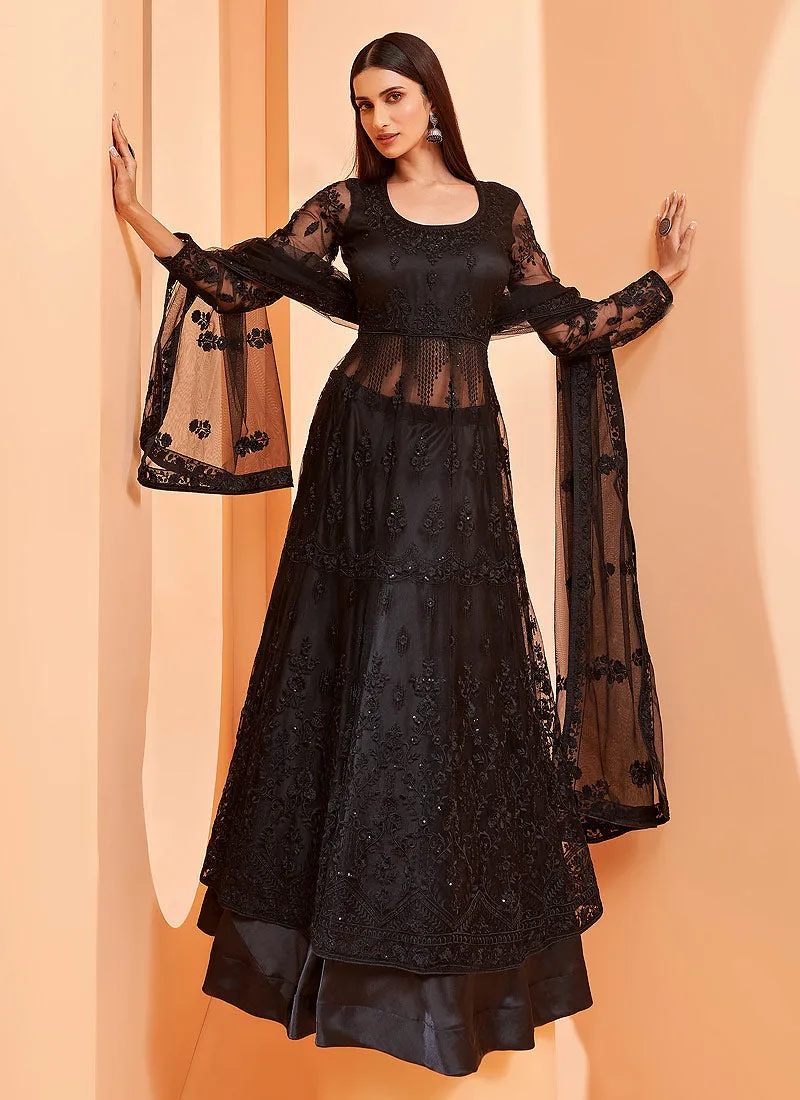 Black Designer Embroidered Slit Style Anarkali Lehenga