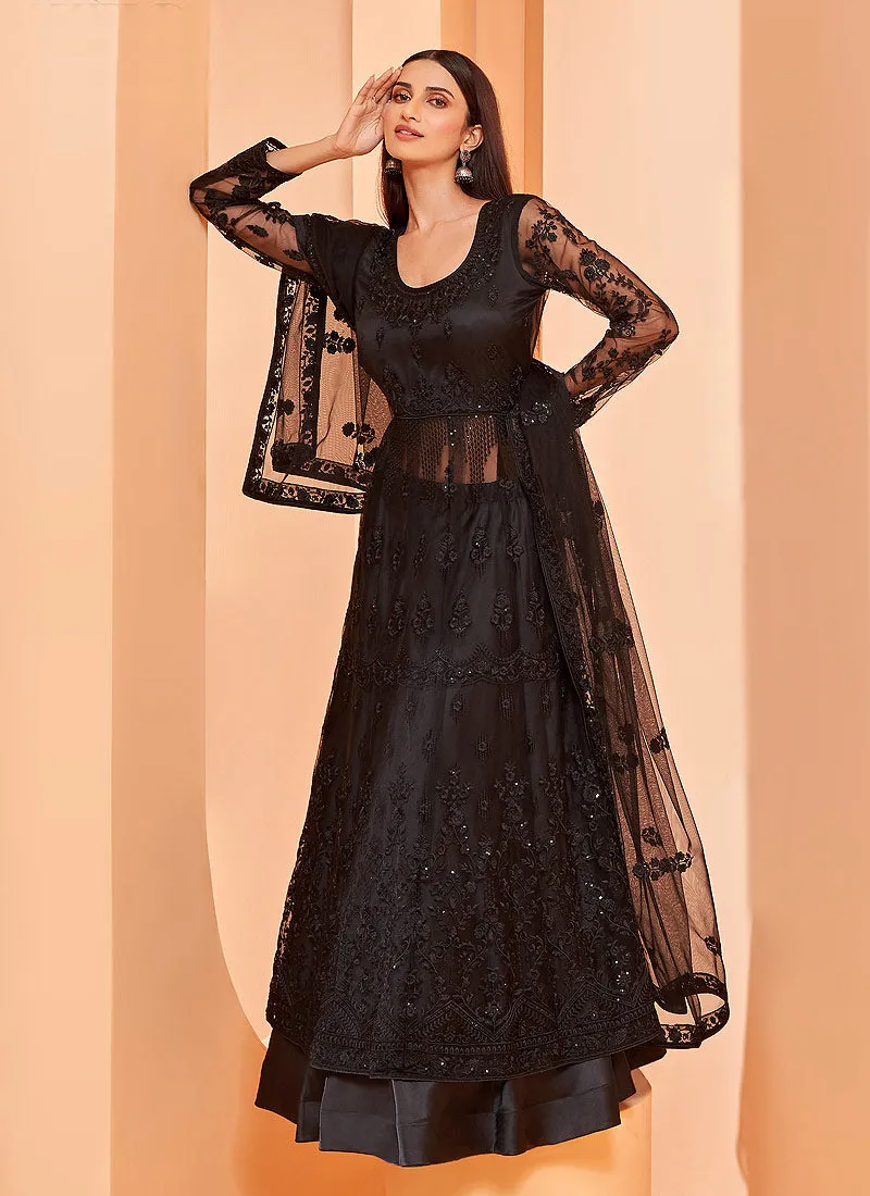 Black Designer Embroidered Slit Style Anarkali Lehenga