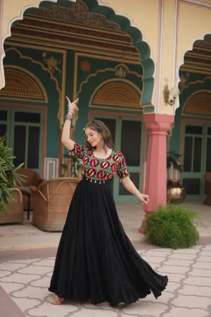 Black Designer Rayon Gown with Kutchi Gamthi Kodi Work and 3-Layer Gathering Stitch