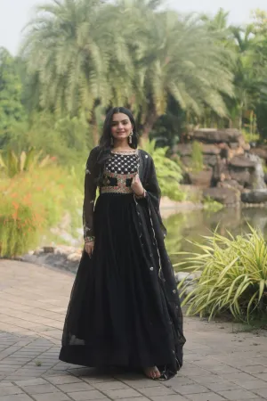 Black Elegant Faux Blooming Gown with Embroidered Sequins Work and Russian Silk Dupatta