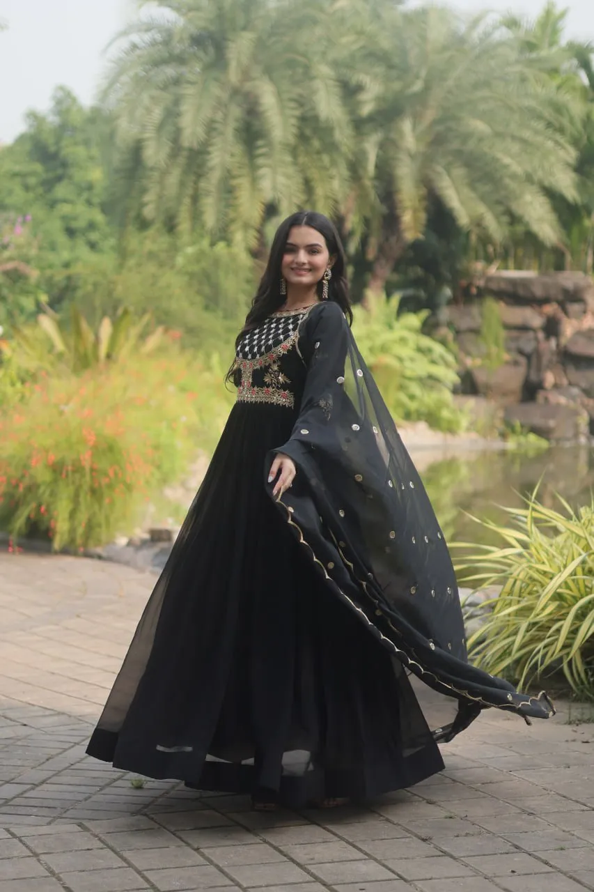 Black Elegant Faux Blooming Gown with Embroidered Sequins Work and Russian Silk Dupatta