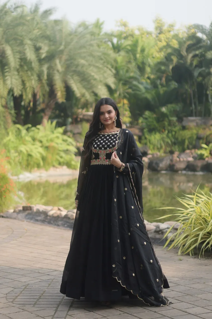 Black Elegant Faux Blooming Gown with Embroidered Sequins Work and Russian Silk Dupatta