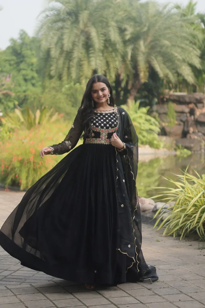 Black Elegant Faux Blooming Gown with Embroidered Sequins Work and Russian Silk Dupatta