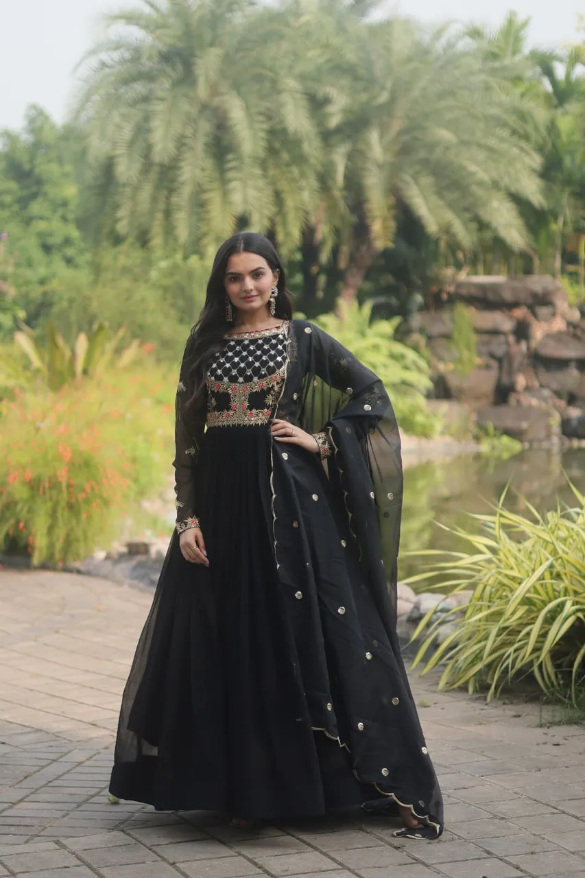 Black Elegant Faux Blooming Gown with Embroidered Sequins Work and Russian Silk Dupatta