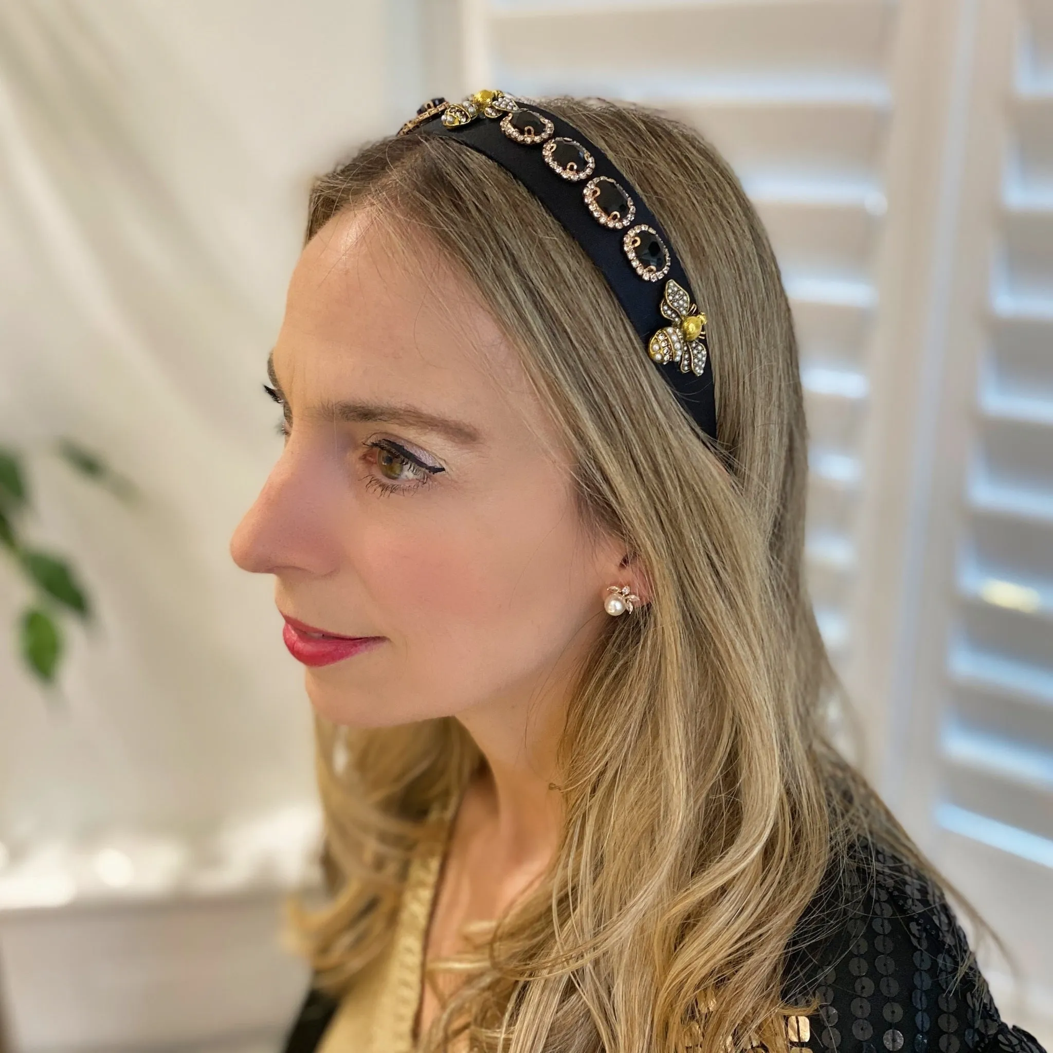 Black Embellished Headband Black Jewelled Headband with Bee Jewels