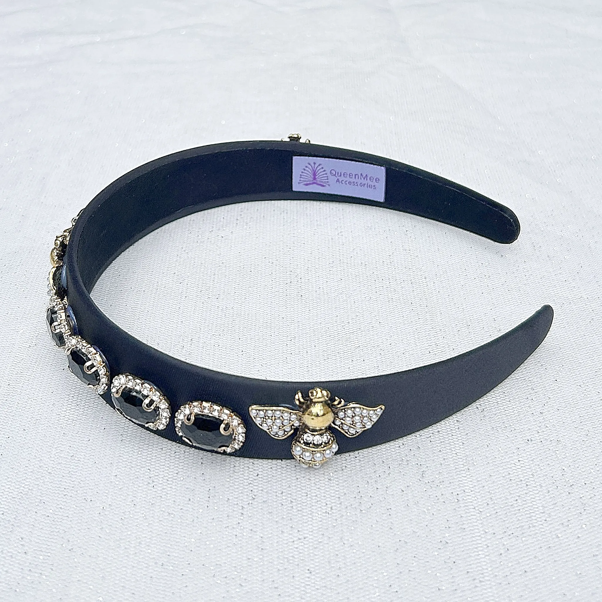 Black Embellished Headband Black Jewelled Headband with Bee Jewels