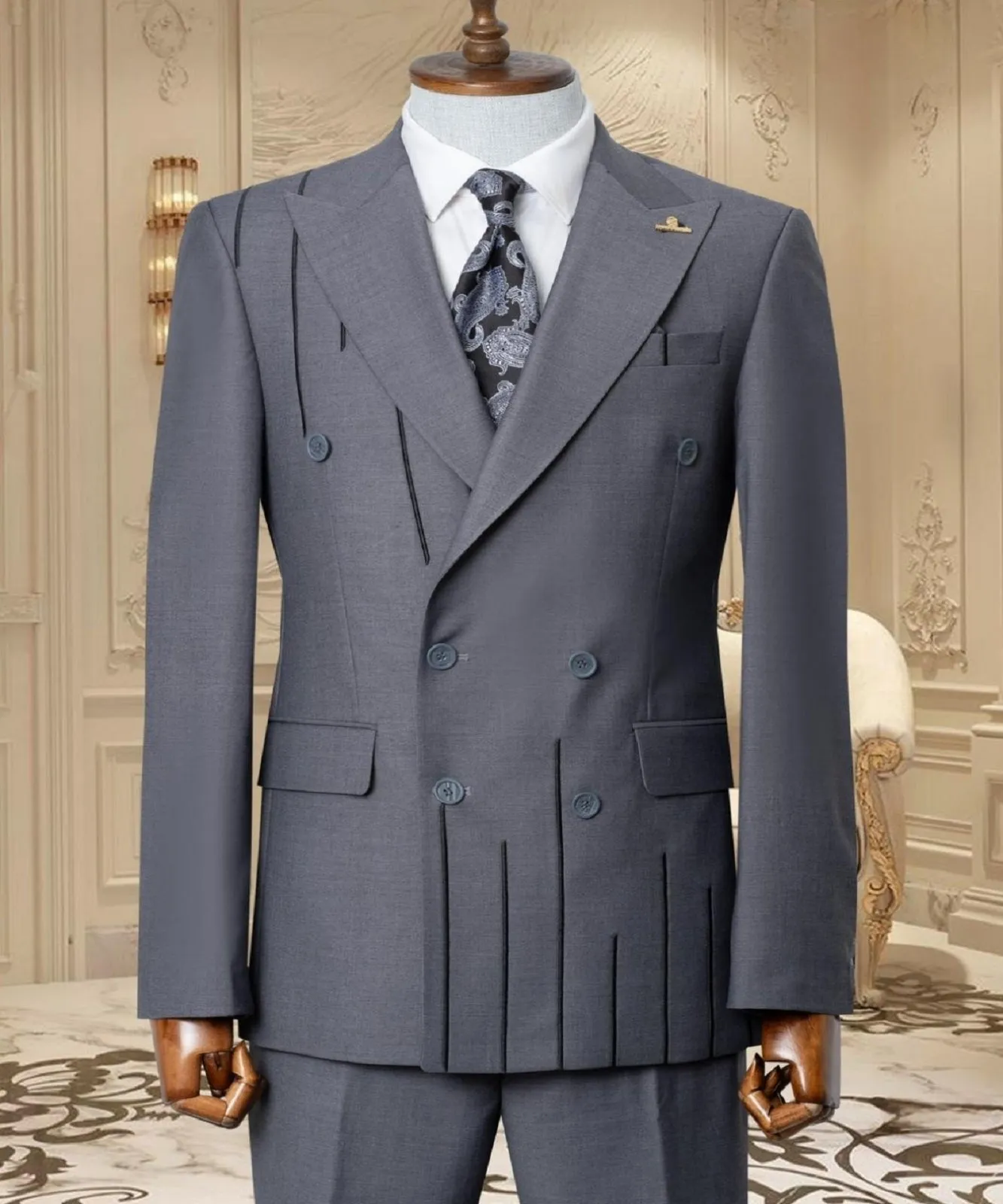 Black Embroidered 2-piece Slim Fit Gray Suit