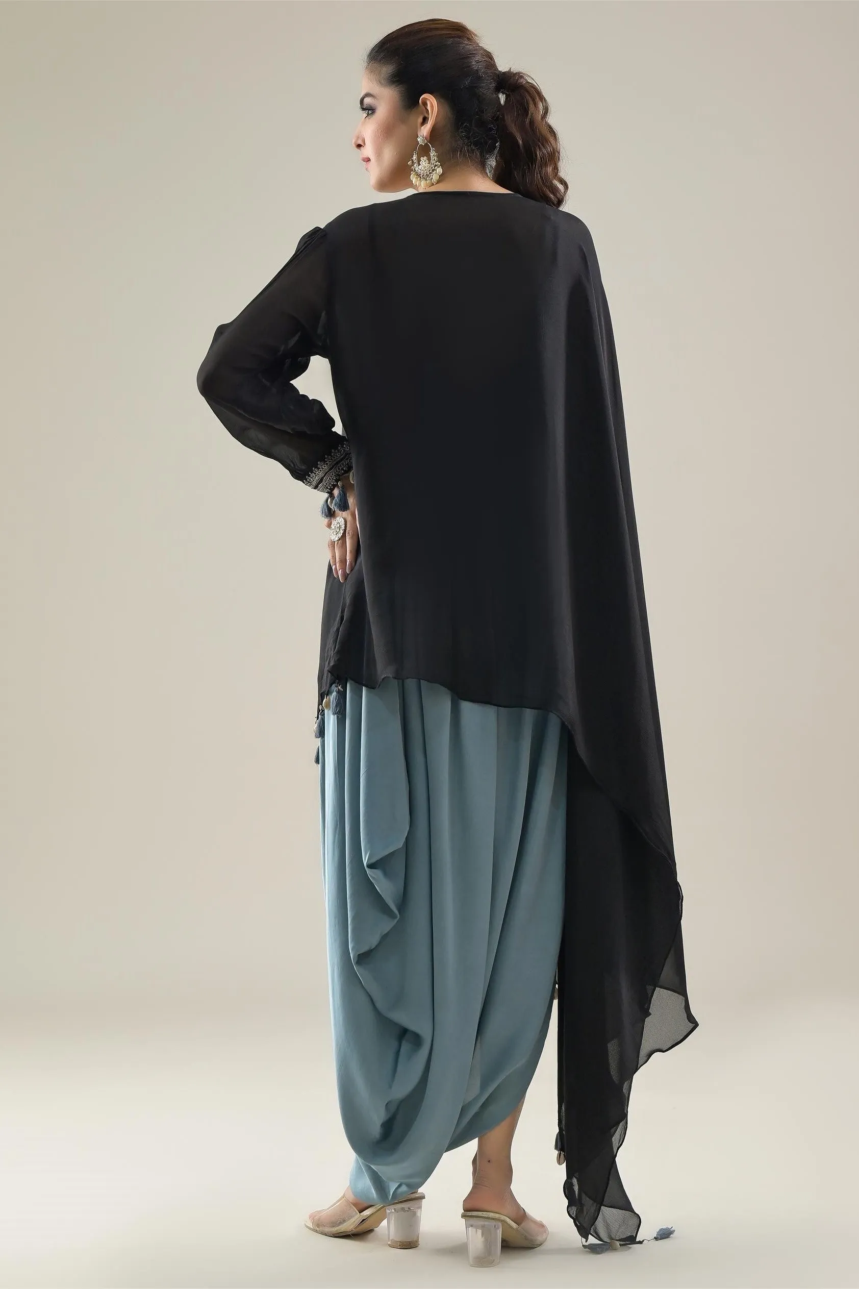 Black Embroidered Chinon Silk Kaftan & Skirt Set