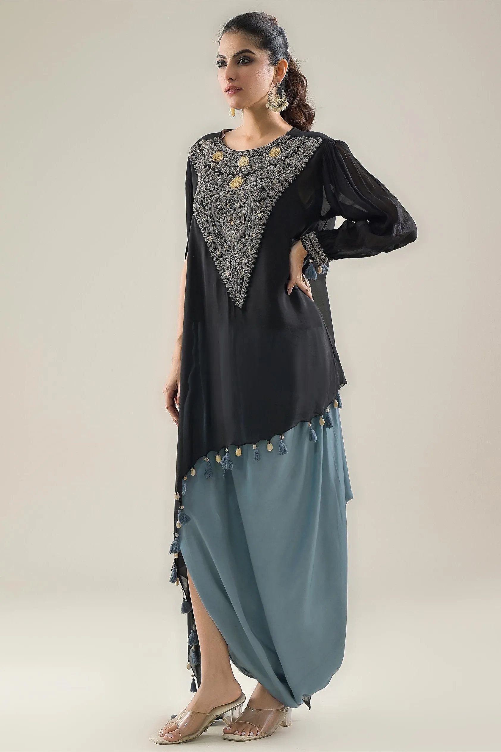 Black Embroidered Chinon Silk Kaftan & Skirt Set