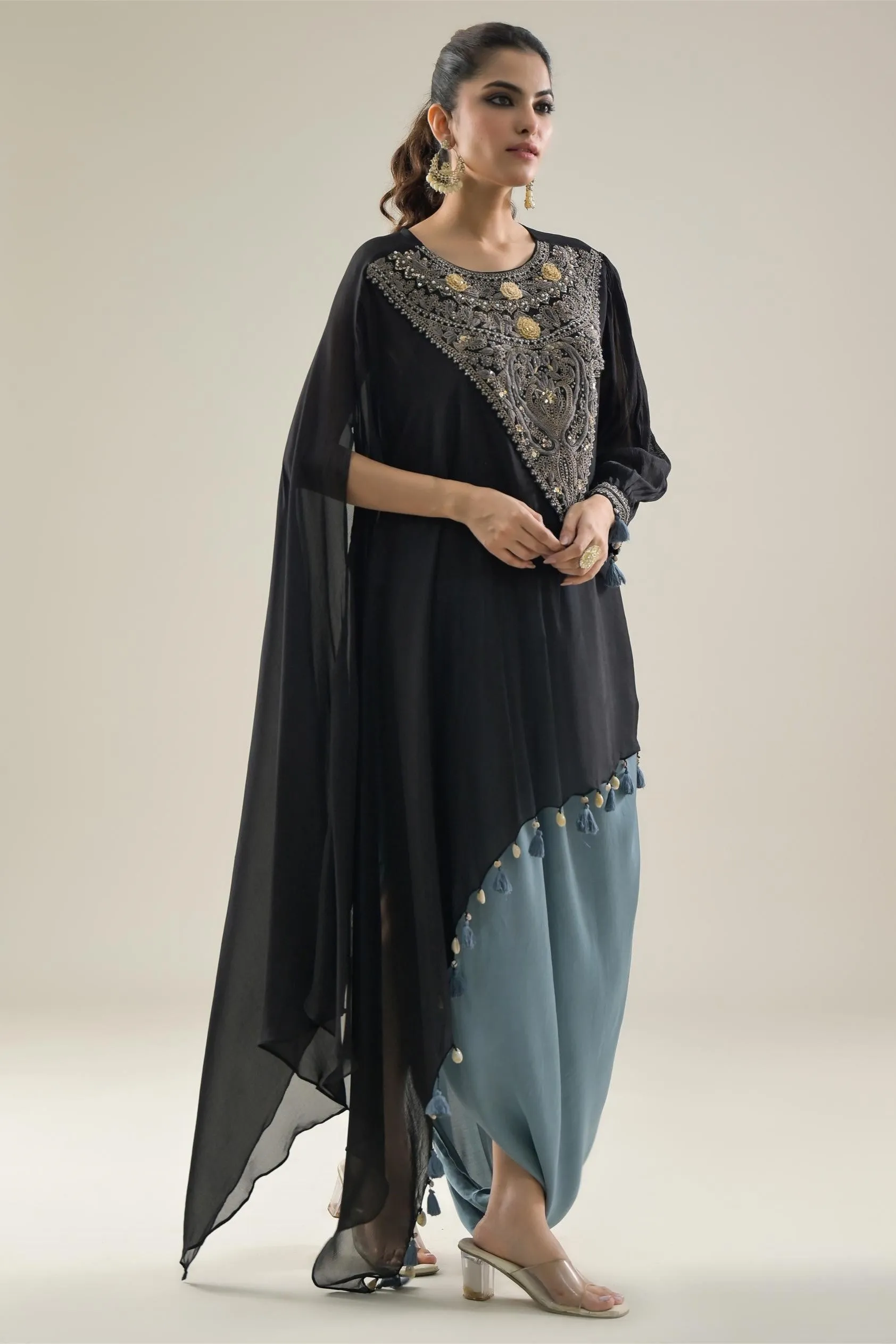 Black Embroidered Chinon Silk Kaftan & Skirt Set