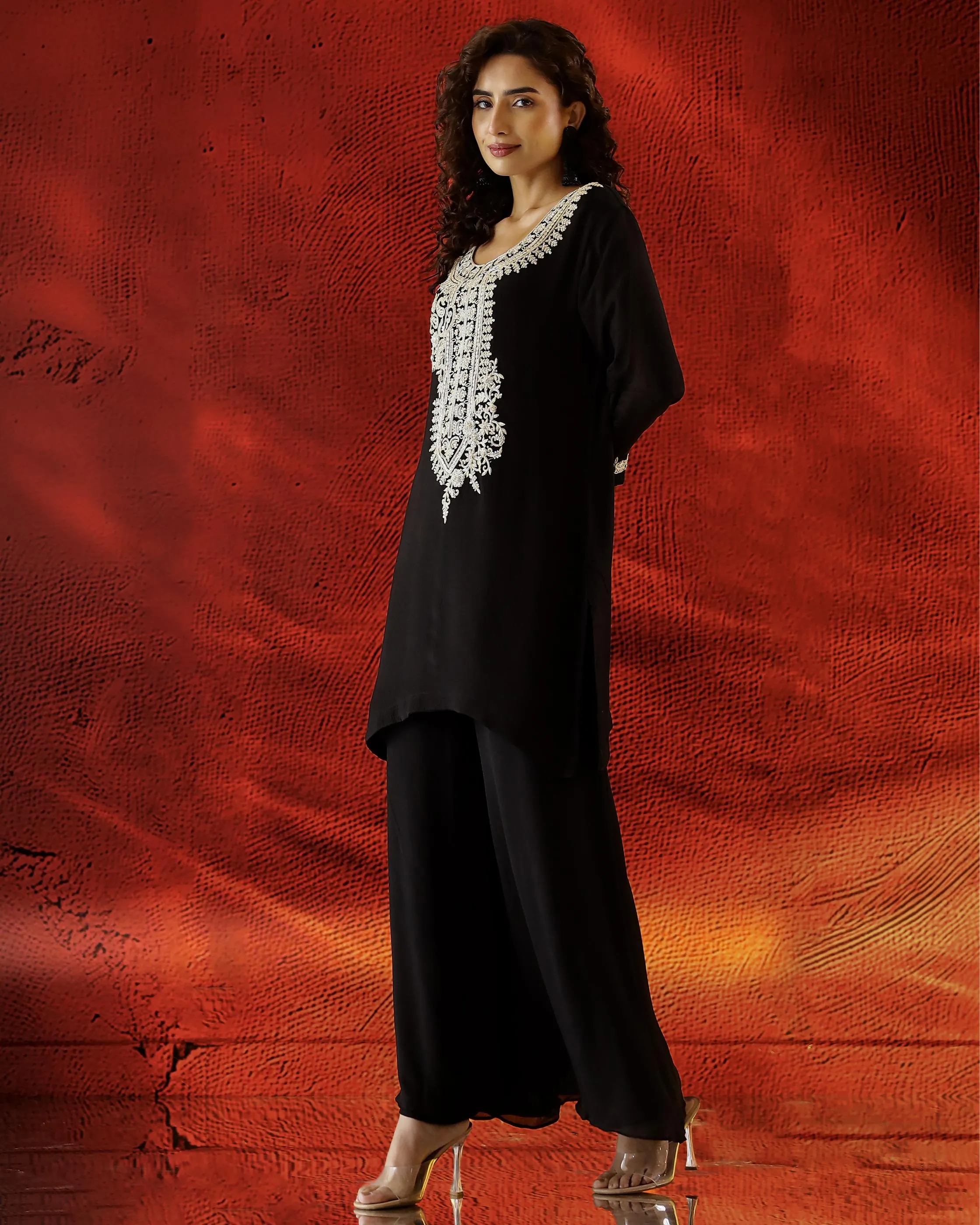 Black Embroidered Chinon Silk Palazzo Set