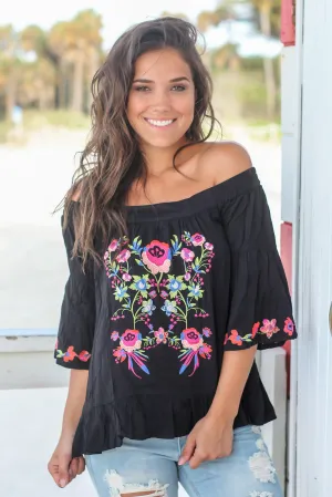 Black Embroidered Off Shoulder Top