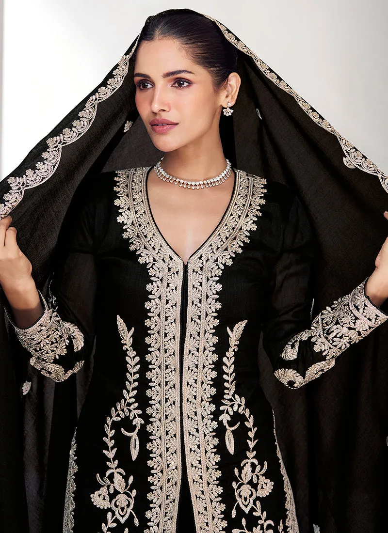 Black Embroidered Silk Salwar Kameez Suit