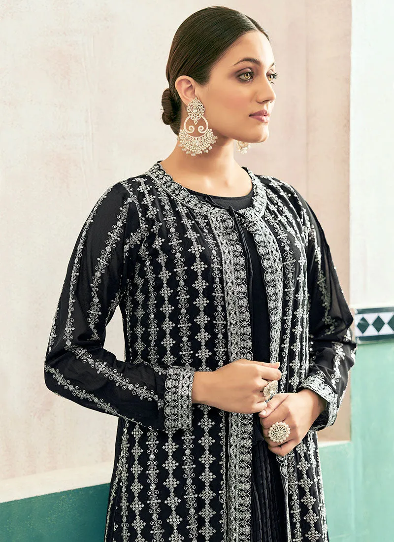 Black Embroidery Jacket Style Anarkali Dress