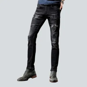 Black embroidery skinny men's jeans