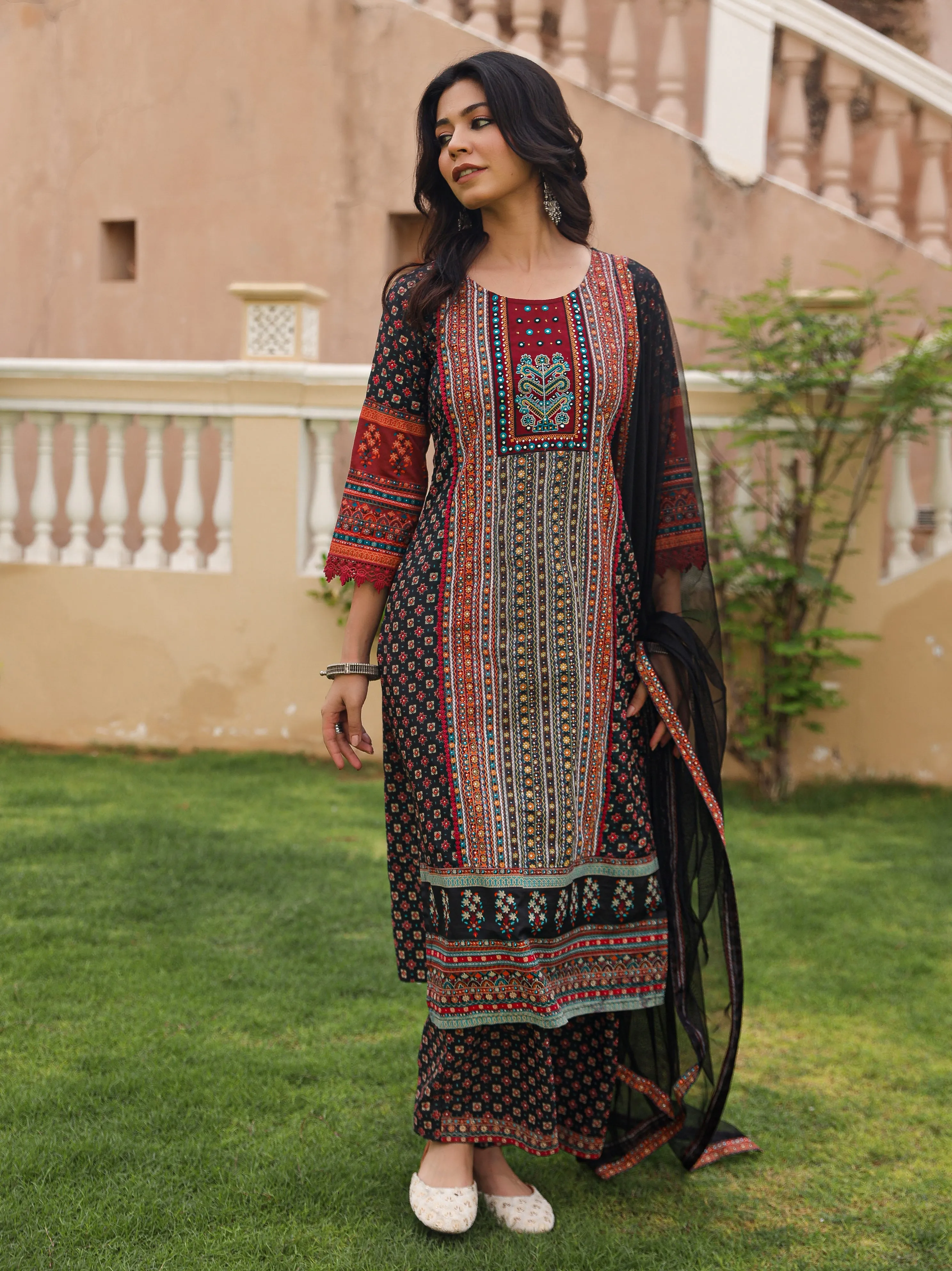 Black Ethnic Motif Printed Rayon Kurta Palazzo And Dupatta With Mirror & Thread Work