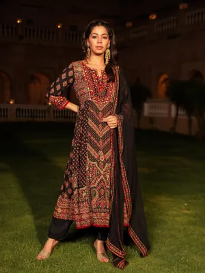 Black Ethnic Motif Printed Rayon Kurta Palazzo And Dupatta With thread & Mirror Work