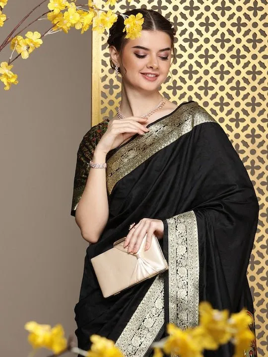 Black Ethnic Motifs Woven Design Zari Saree