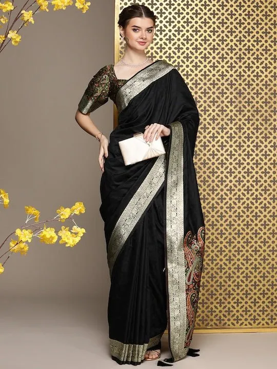 Black Ethnic Motifs Woven Design Zari Saree