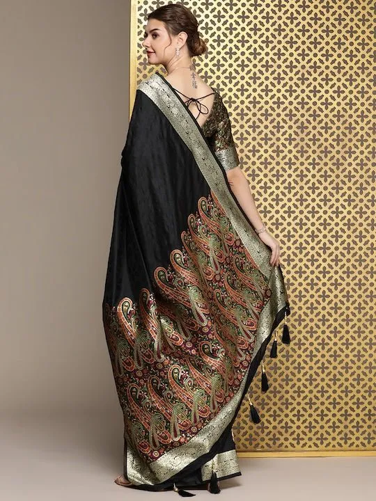 Black Ethnic Motifs Woven Design Zari Saree