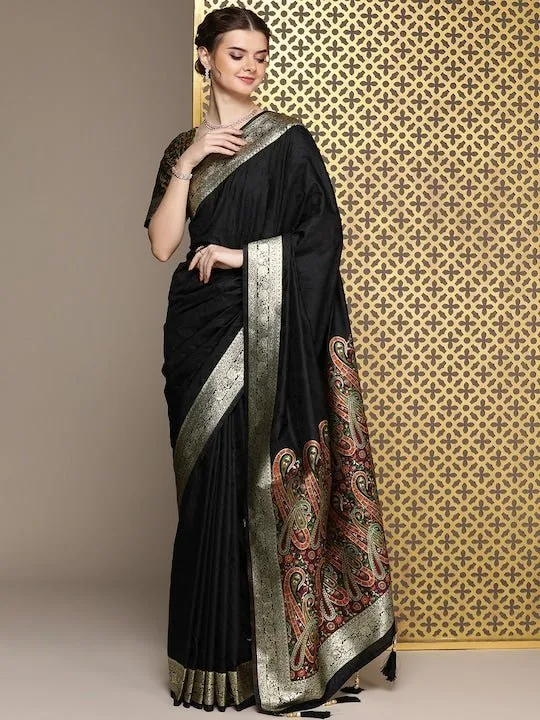 Black Ethnic Motifs Woven Design Zari Saree