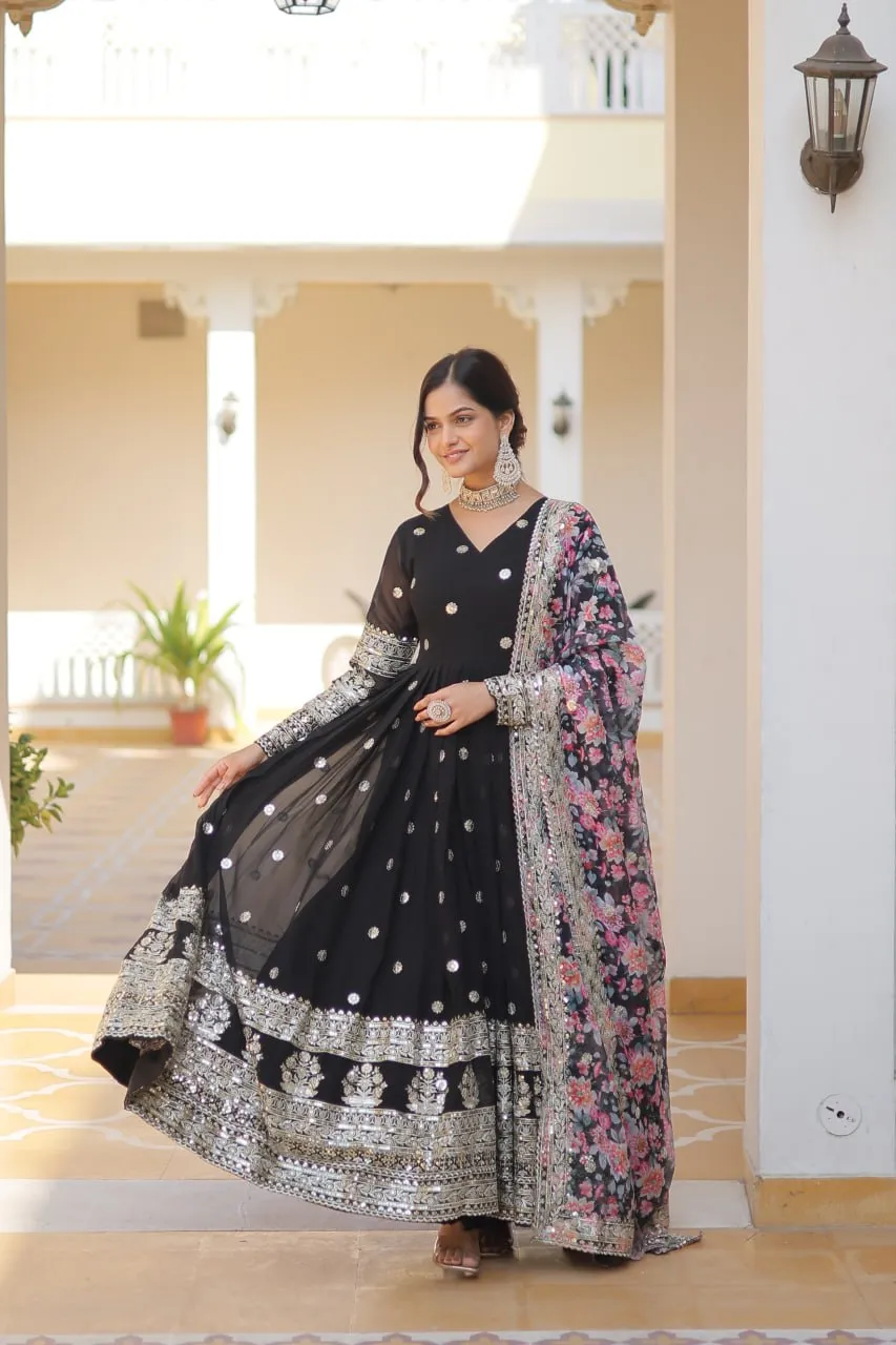 Black Exquisite Premium Designer Faux Georgette Gown with Embroidered Zari Sequins and Tabby Silk Dupatta