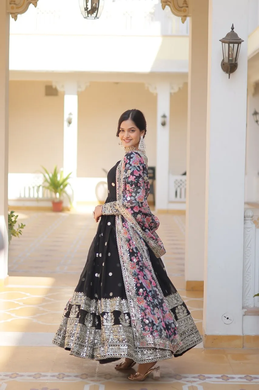 Black Exquisite Premium Designer Faux Georgette Gown with Embroidered Zari Sequins and Tabby Silk Dupatta