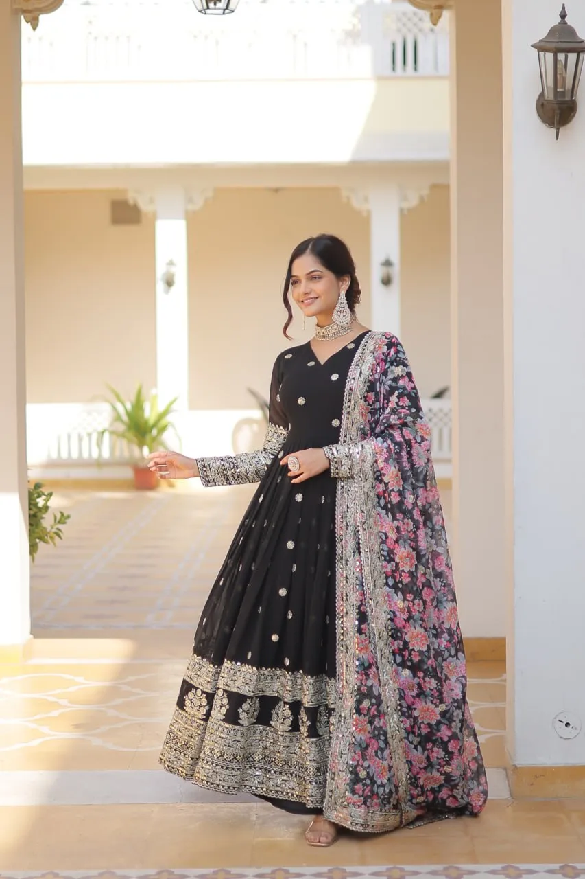 Black Exquisite Premium Designer Faux Georgette Gown with Embroidered Zari Sequins and Tabby Silk Dupatta