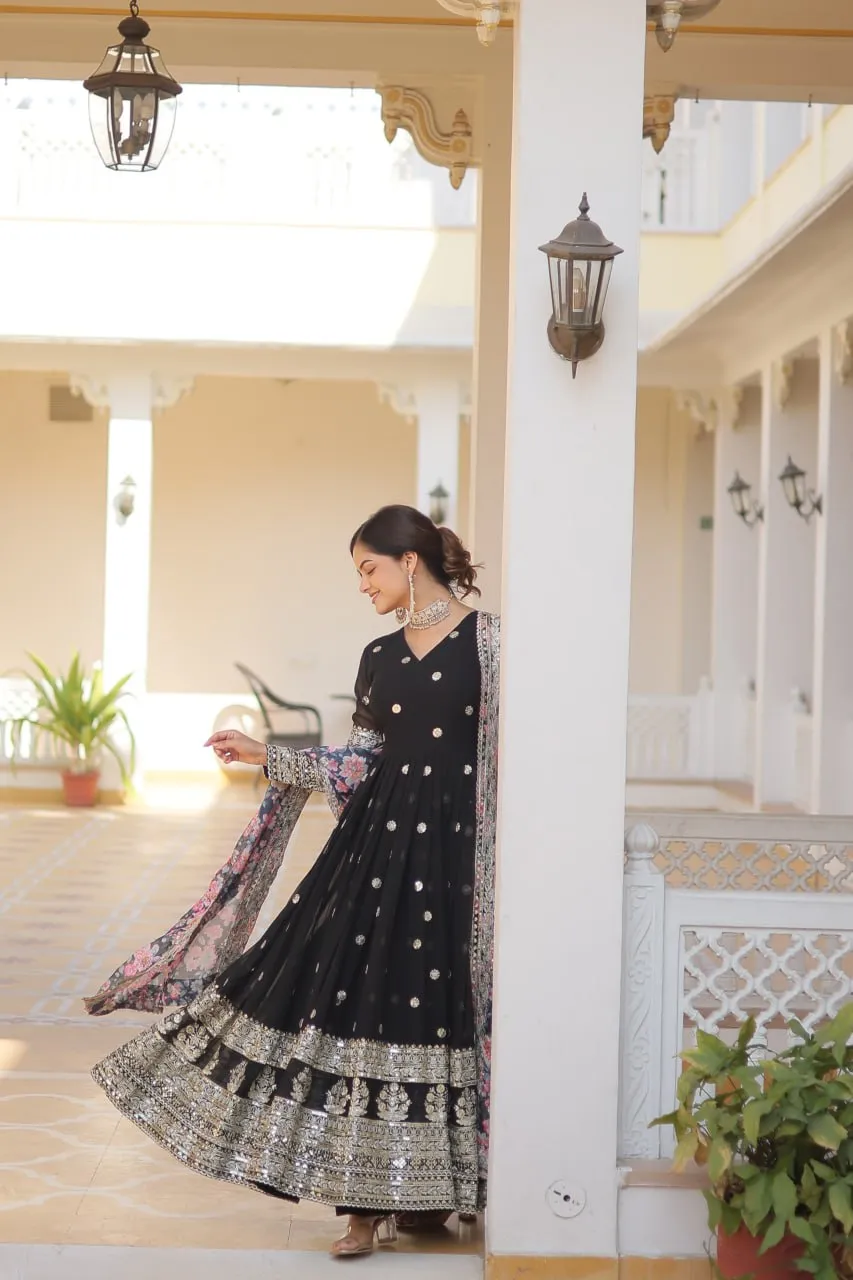 Black Exquisite Premium Designer Faux Georgette Gown with Embroidered Zari Sequins and Tabby Silk Dupatta