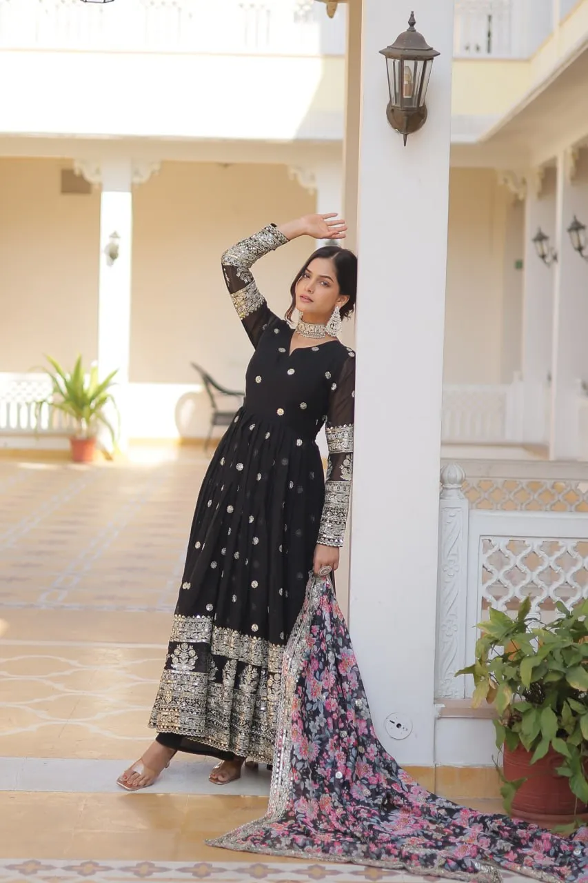 Black Exquisite Premium Designer Faux Georgette Gown with Embroidered Zari Sequins and Tabby Silk Dupatta