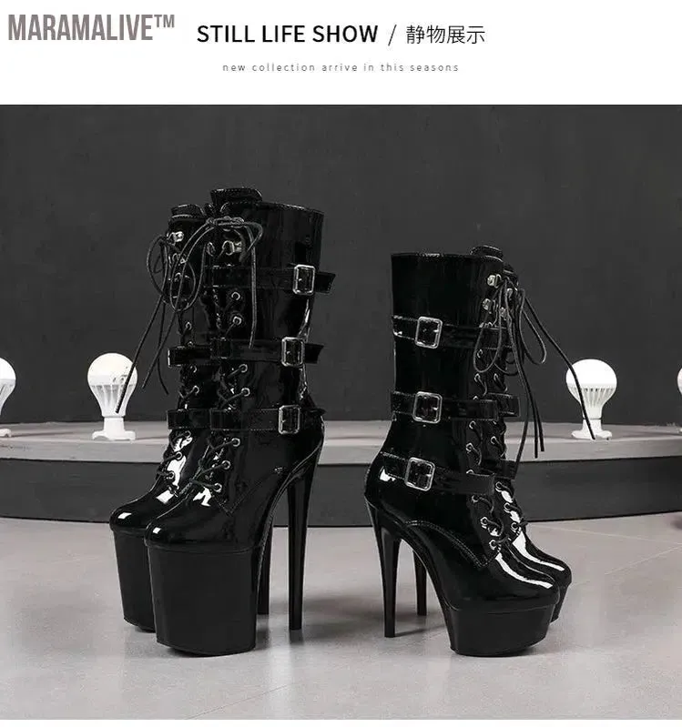 Black Fashionable Women's Ankle Boots with Round Toe Side Zip Short Boots for Pole Dance Platform Heels Three Belt Buckle