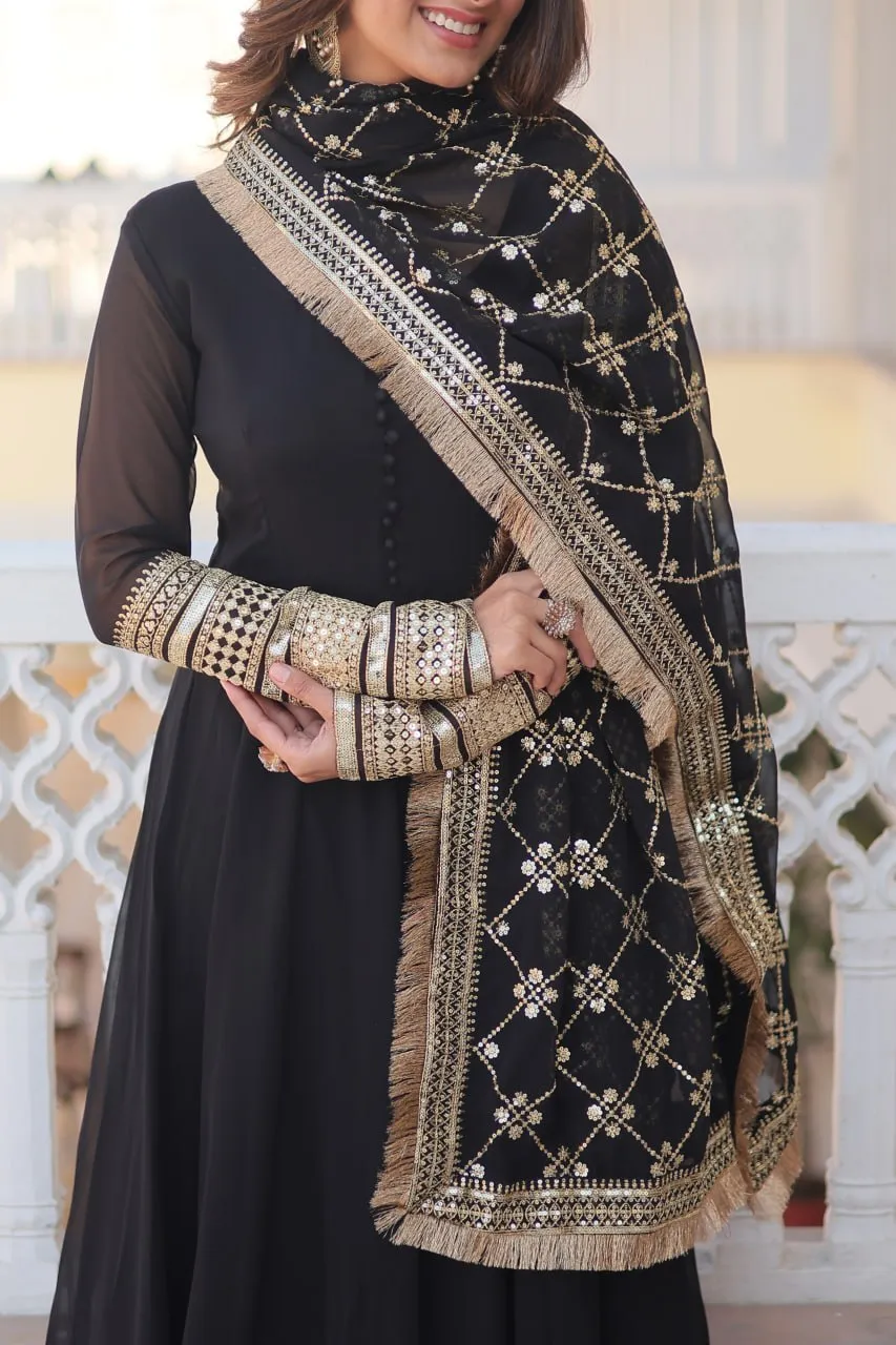 Black Faux Blooming Gown with Dupatta Featuring Attractive Embroidered Sequins Work and Lace Border