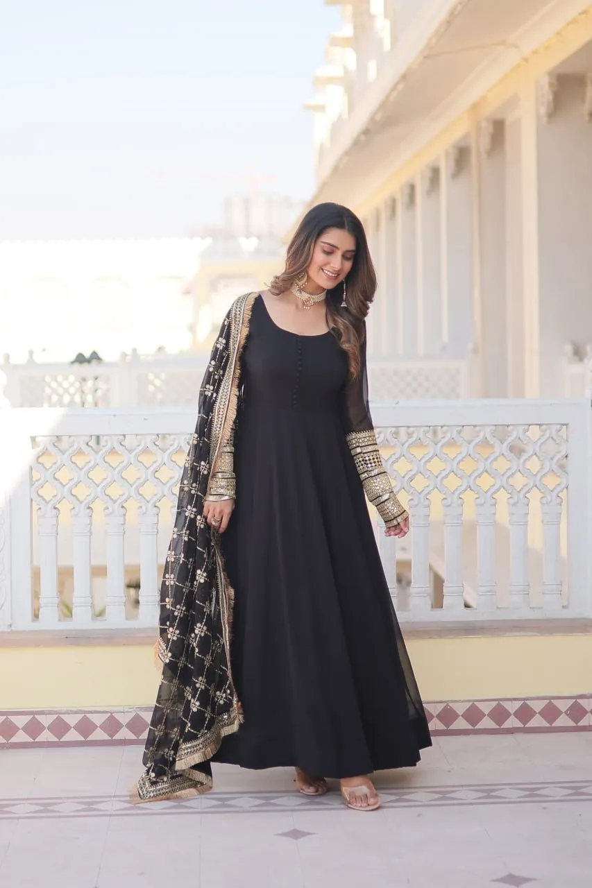 Black Faux Blooming Gown with Dupatta Featuring Attractive Embroidered Sequins Work and Lace Border