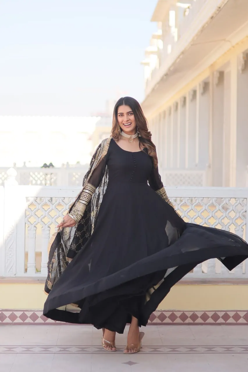 Black Faux Blooming Gown with Dupatta Featuring Attractive Embroidered Sequins Work and Lace Border