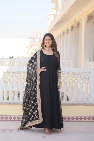 Black Faux Blooming Gown with Dupatta Featuring Attractive Embroidered Sequins Work and Lace Border