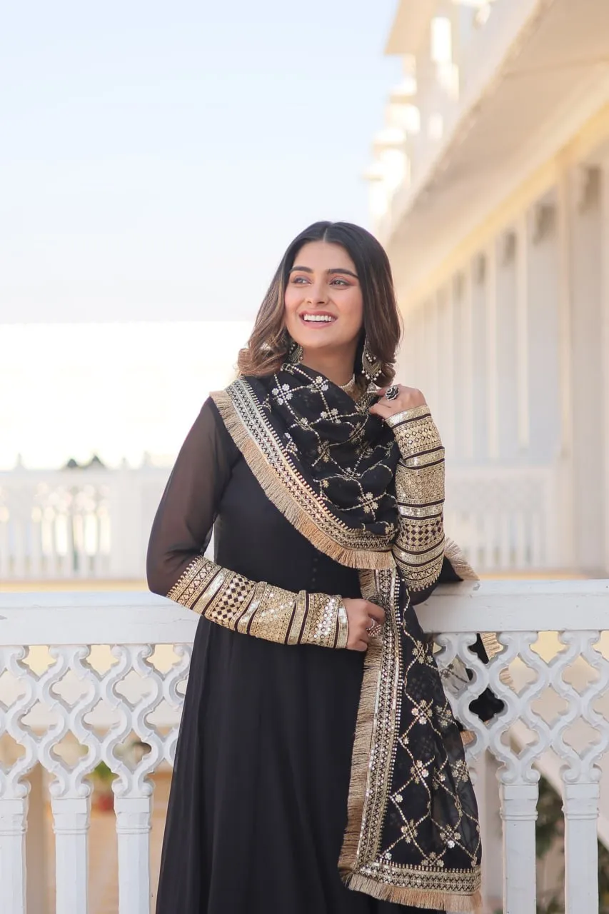 Black Faux Blooming Gown with Dupatta Featuring Attractive Embroidered Sequins Work and Lace Border