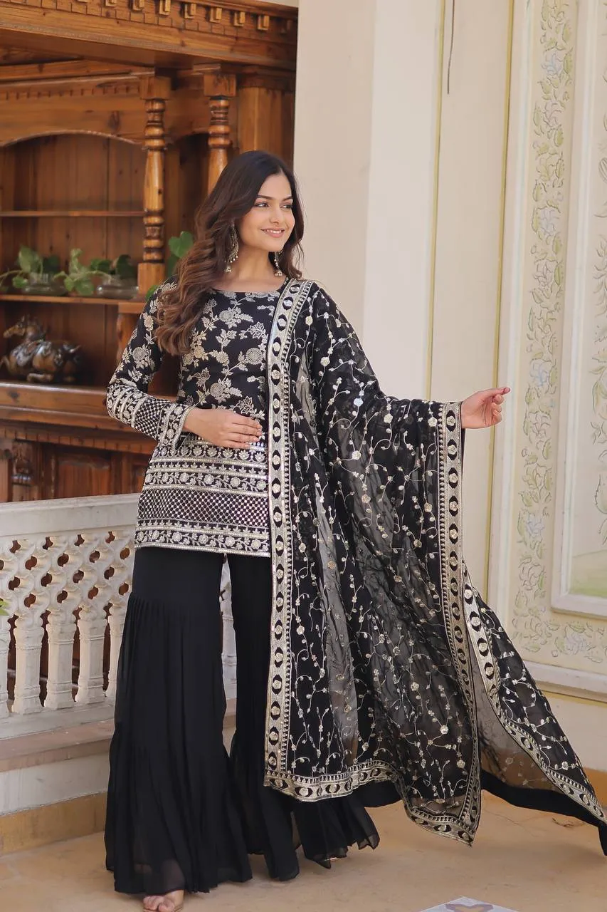 Black Faux Blooming Sequins & Zari Embroidered Readymade Gharara Suit Set